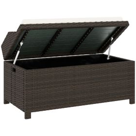 Outdoor Wicker Storage Bench with Storage & Cushion, Cream White