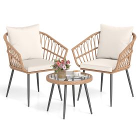 3 Piece Patio Bistro Set with PE Rattan Wicker Chairs and Tempered Glass Coffee Table