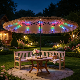 Solar double-sided terrace umbrella 15 X 9 feet, equipped with 144 multi-color flow lights and umbrella holder