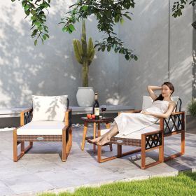 5 Pieces Patio Furniture Set PE Rattan Outdoor Conversation Set with Acacia Wood