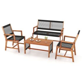 4 Pieces Acacia Wood Patio Conversation Table and Chair Set with Hand Woven Rope