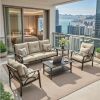 5-Piece Metal Patio Furniture Set, 5-Seat All-Weather Conversation Sofa with 4 Inches Thick Beige Cushions, Khaki Frame