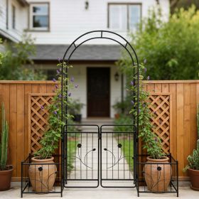 Metal Garden Arch with Gate 79.5'' Wide x 86.6'' High Climbing Plants Support Rose Arch Outdoor Black