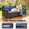 3 Seater Outdoor Couch Sofa, PE Wicker Patio Sofa, Wide Deep Seat, 4" Cushions, Wood-Effect Armrests Legs, Dark Blue