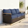3 Seater Outdoor Couch Sofa, PE Wicker Patio Sofa, Wide Deep Seat, 4" Cushions, Wood-Effect Armrests Legs, Dark Blue