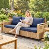 Rattan Wicker Sofa 3-Seater Outdoor Patio Sofa with Cushions for Garden Backyard Porch Dark Blue