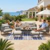 6-Pieces All Weather PE Wicker Sofa Set, Outdoor Rattan sofa With Double Cushions, Wood Legs Wood Table Top, Beige and Gray