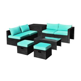 8 Pieces Patio Furniture Set with Storage Box and Waterproof Cover (Color: Turquoise)