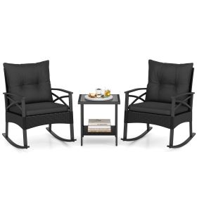 3 Pieces Outdoor Rattan Rocking Chairs Set with  2-Tier Side Table for Garden Backyard (Color: BLACK)