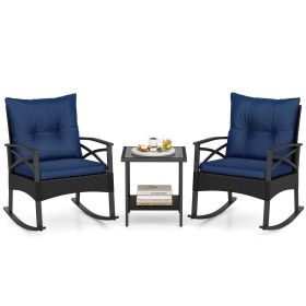 3 Pieces Outdoor Rattan Rocking Chairs Set with  2-Tier Side Table for Garden Backyard (Color: Navy)