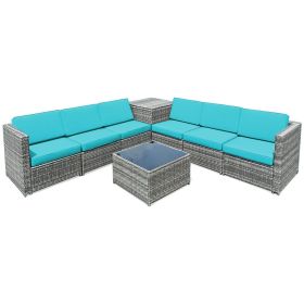 8 Pieces Wicker Sofa Rattan Dining Set Patio Furniture with Storage Table (Color: Turquoise)
