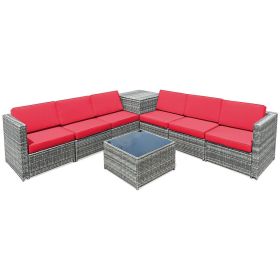 8 Pieces Wicker Sofa Rattan Dining Set Patio Furniture with Storage Table (Color: Red)