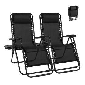 Set of 2 Zero Cravity Lounge Chairs,Outdoor Patio Folding Recliners for Pool Beach with Pillow and Cup Holder (Color: BLACK)