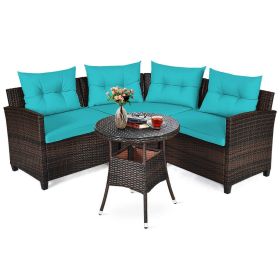 4 Pieces Outdoor Cushioned Rattan Furniture Set (Color: Turquoise)