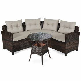 4 Pieces Outdoor Cushioned Rattan Furniture Set (Color: Brown)