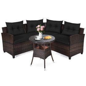 4 Pieces Outdoor Cushioned Rattan Furniture Set (Color: BLACK)