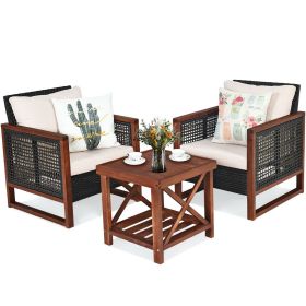 3 Pieces Acacia Wood Patio Furniture Set with Coffee Table (Color: Beige)