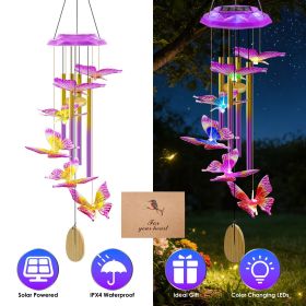Solar Butterfly Wind Chime with Aluminum Tubes 7 Color Changing Wind Chime for Outside IP44 Waterproof Outdoor Garden Yard Decor (Color: Purple)