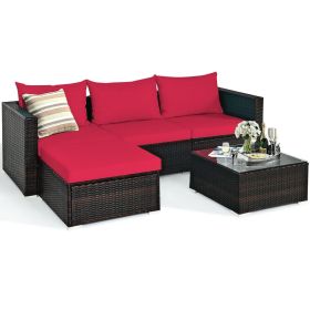 5 Pieces Patio Rattan Sectional Furniture Set with Cushions and Coffee Table (Color: Red)