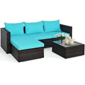 5 Pieces Patio Rattan Sectional Furniture Set with Cushions and Coffee Table (Color: Turquoise)