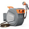 Auto Rewind Retractable Hose Reel, Wall Mounted with 180° Swivel, Multi-Function Spray Nozzle for Outdoor Watering