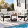 3 Pieces Outdoor Rattan Rocking Chairs Set with  2-Tier Side Table for Garden Backyard