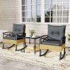 3 Pieces Outdoor Rattan Rocking Chairs Set with  2-Tier Side Table for Garden Backyard